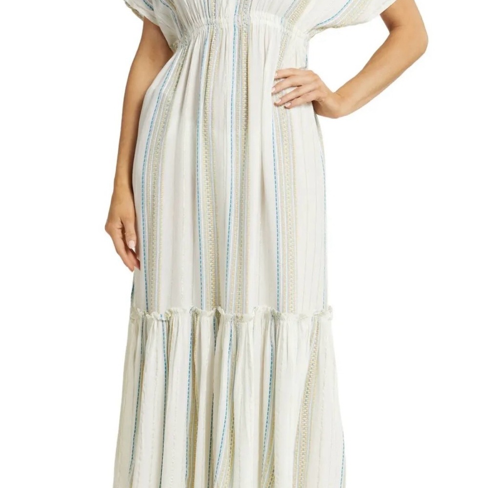 Elan Ruffle Cover-Up Maxi Dress - White/ Aqua Stripe